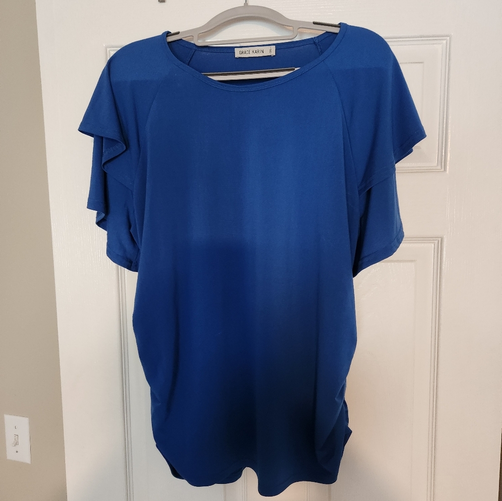 Grace Karin Blue Ruffled Flutter Sleeve Blouse
